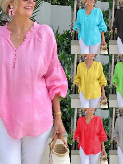 Womens Casual V-Neck Solid Color Cotton-Linen Long-Sleeve Top