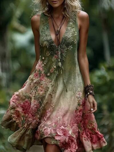 Womens Fashion Casual Printed Sleeveless Dress