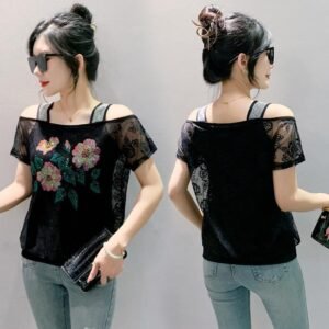 Lace Off-the-shoulder Rhinestone Top