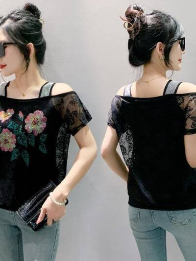 Lace Off-the-shoulder Rhinestone Top