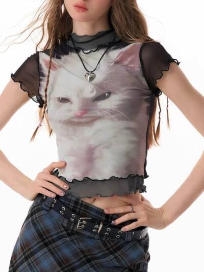 Black Mesh Short-sleeve T-shirt For Women Summer Half-sleeve
