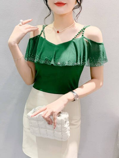 Mesh Hot Drilling V-neck Patchwork Top