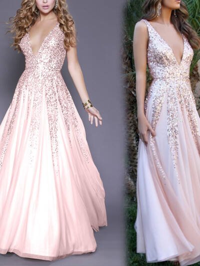 V-neck sequined sleeveless evening dress