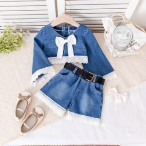Long-sleeved Top Lace Denim Shorts
