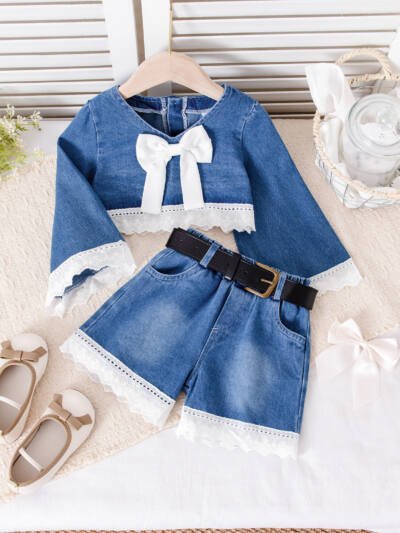 Long-sleeved Top Lace Denim Shorts