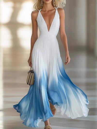 Elegant And Flowing Pleated Blue Chiffon Dress For Women
