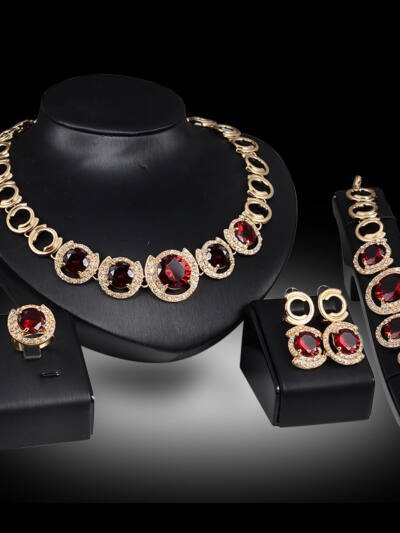 Wedding Bridal Accessories Gold Color Crystal Green Red Zircon Pendant Necklace Earrings Ring Women Wedding Bridal Jewelry Sets