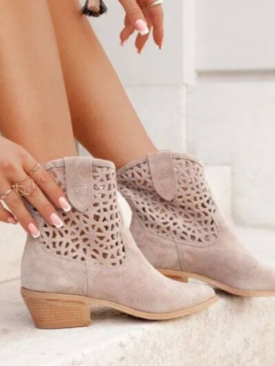Womens Plus-Size Fashion Ankle Boots With Hollowed-Out Design And Chunky Heel