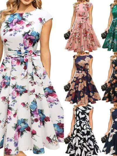 Elegant Round-neck Sleeveless Tie-waist Printed Dress