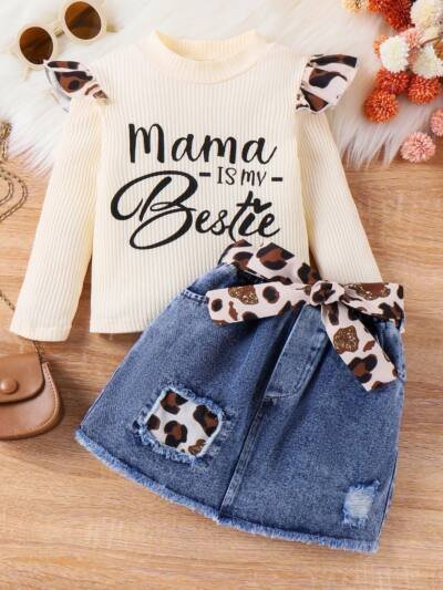 Children Suit Sunken Stripe Letter Jacket Leopard Patch Denim Skirt