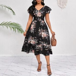 Spring Summer Ruffled-Edge Short-Sleeve Printed Dress With Elastic Waist