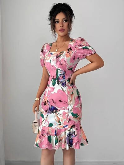 Womens Retro Square-Neck Puff-Sleeve Waist-Cinching Ruffle-Trim Dress