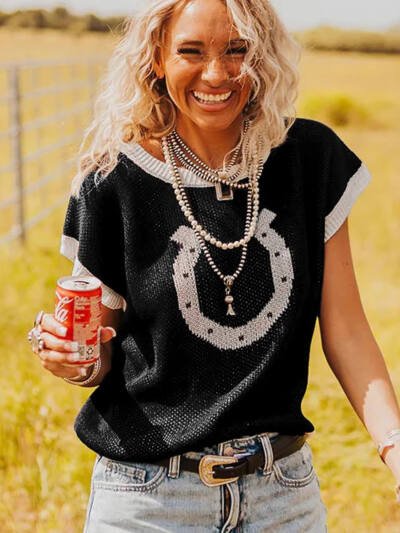 Womens Crew-neck Knitted Short-sleeve Pullover Top