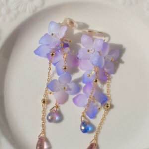 Cold Blue Purple Flower Long Tassel Water Drop Earrings