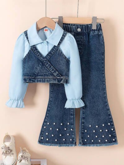 Girls' Lapel Shirt Denim Bell-bottom Pants Three-piece Suit