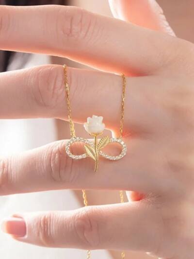 925 Sterling Silver Gold Plated White Rose Infinity Necklace With Zircon Stone