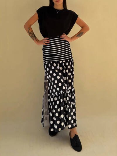Striped And Polka-dot Long Skirt With A Slit