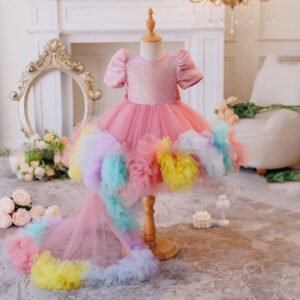 Princess Style Bubble Sleeve Tulle Dress For Children's Birthday Party