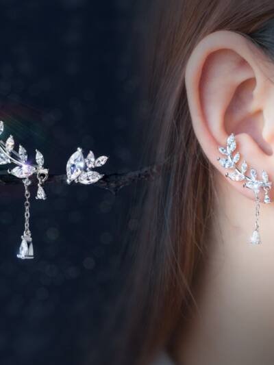 925 Silver Earrings sweet Korean female asymmetrical earrings earrings earrings diamond leaves leaves E0629
