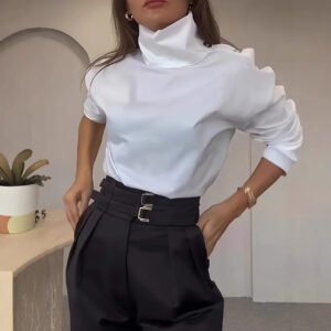 Womens High-neck Metal-buttoned Off-shoulder Blouse