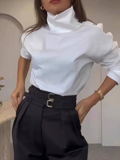Womens High-neck Metal-buttoned Off-shoulder Blouse