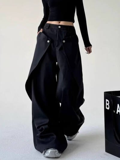 Womens Stylish Asymmetrical Patchwork Straight-Leg Pants