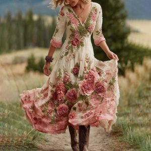 Vintage Elegant Long Dress With Floral And Botanical Print