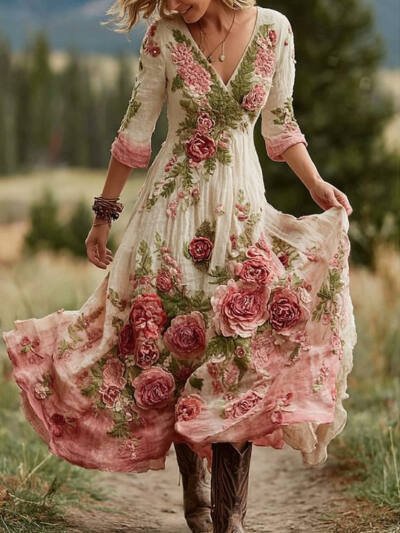 Vintage Elegant Long Dress With Floral And Botanical Print