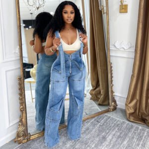 Womens Solid-Color Casual Washed Denim Suspender Overalls With Zipper