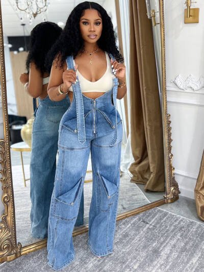 Womens Solid-Color Casual Washed Denim Suspender Overalls With Zipper