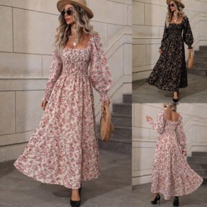 Womens Autumn Floral Square-Neck Long-Sleeve Dress