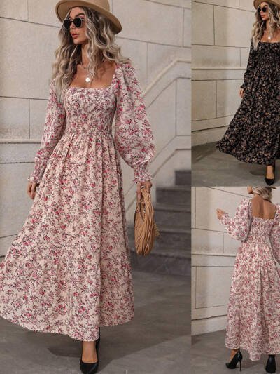 Womens Autumn Floral Square-Neck Long-Sleeve Dress