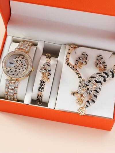Quality Diamond Animal Simple Large Dial Steel Belt Quartz Watch Suit