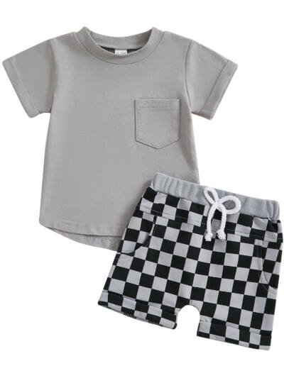 Fashion Personality Boy T-shirt Plaid Shorts Suit