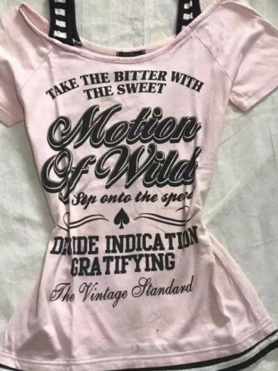 Retro Patchwork Striped Shoulder Strap T-Shirt With Letter Print Slim-Fit Short-Sleeve For Trendy