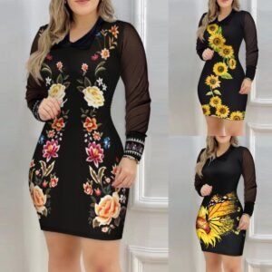 Womens Mesh Long-Sleeve V-Neck Slim-Fit Printed Dress