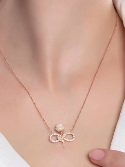 925 Sterling Silver Rose Gold Plated White Rose Infinity Necklace With Zircon Stone
