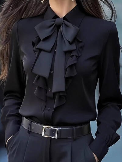 Elegant Ruffle-Trimmed Shirt With A Flowing Bow Tie For Women