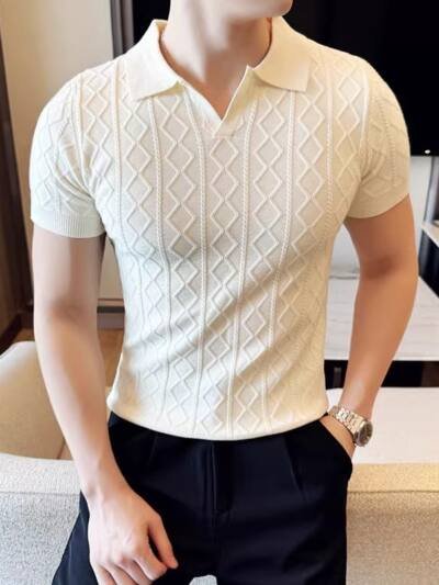 Mens Textured Shirt With A Turn-down V-neck Slim-fit Business T-shirt