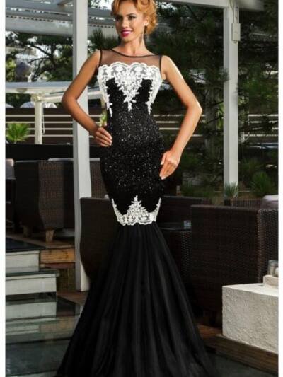 Europe and America long skirt sexy sleeveless sequin mesh stitching banquet evening dress dew backpack hip fishtail mopping dress