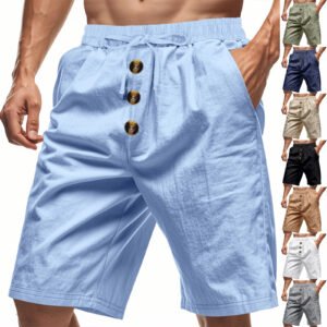 Mens Loose Linen Beach Casual Washed Button Cropped Sports Shorts