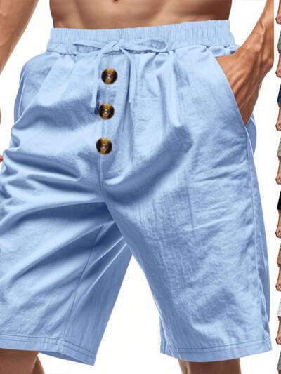 Mens Loose Linen Beach Casual Washed Button Cropped Sports Shorts