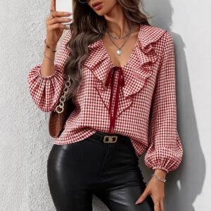 Womens Fashionable Casual Small-Plaid Layered Shirt