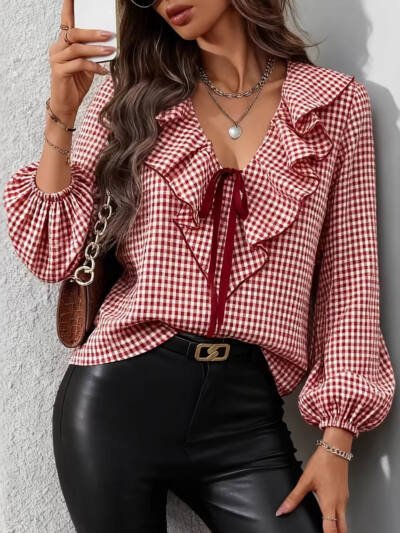 Womens Fashionable Casual Small-Plaid Layered Shirt