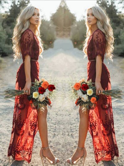 Deep V-neck Short Sleeve Lace Perspective Tight-Sleeve Dress Maxi Dress