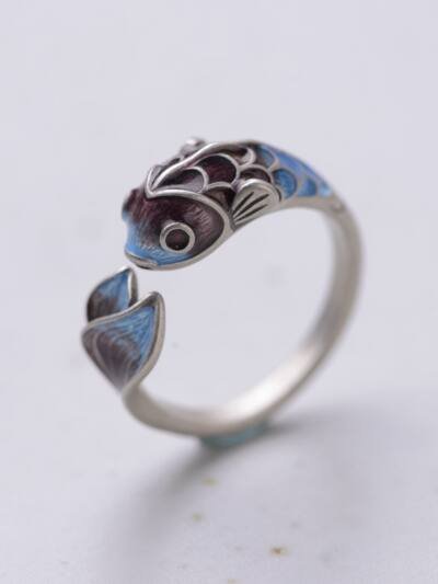 S925 Silver Retro Classical Roasted Blue Carp Koi Ring