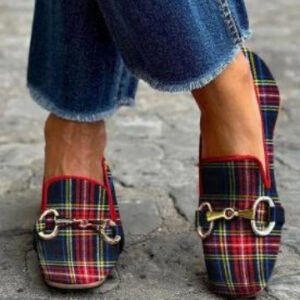 Plaid Casual Flat-Heel Plus-Size Square-Toe Womens Shoes