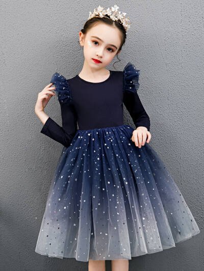 Autumn New Girls Dress Starry Sky Mesh Bubble Skirt