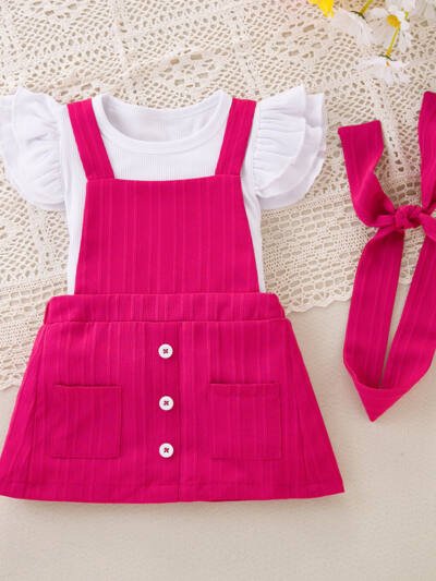 Girls' Short-sleeved Top Suspender Pants Hair Accessories