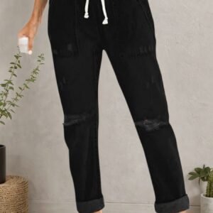 New Women’s Casual Set Wearing Distressed Stretch Jeans, Elastic Waisted Jeans, Denim Jogging Pants